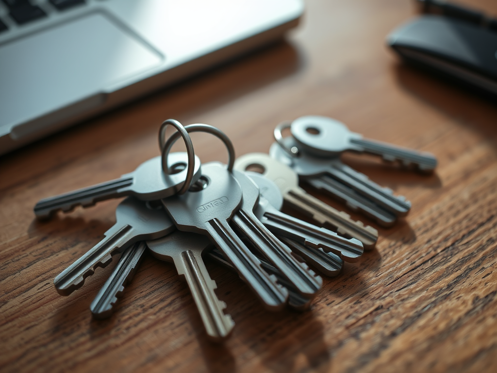 Keys on wood grain desk 